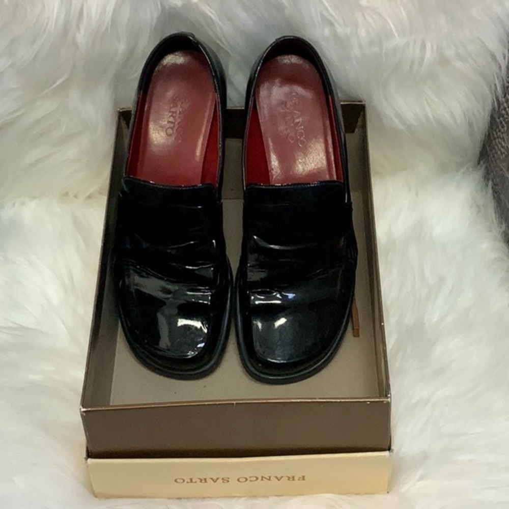 Franco Sarto black patent leather loafers.